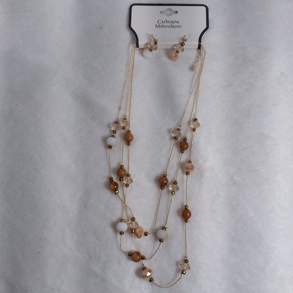 Three Piece Necklace Pierce Earrings Brown Catherine Malandrino